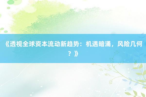 《透视全球资本流动新趋势:机遇暗涌,风险几何?》
